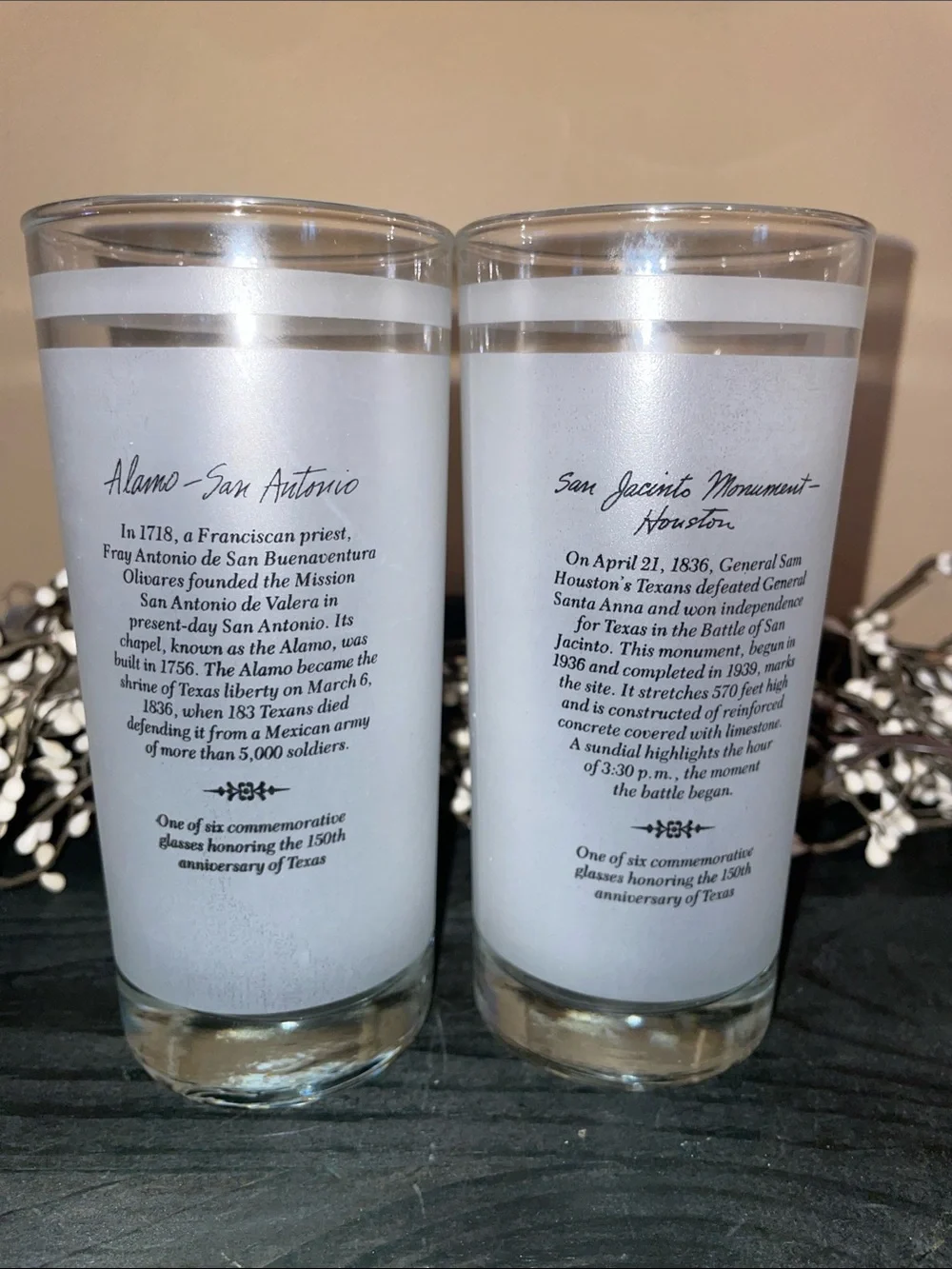 Two Texas Vintage 150th Anniversary Frosted Glasses 1986-Alamo & San Jacinto
